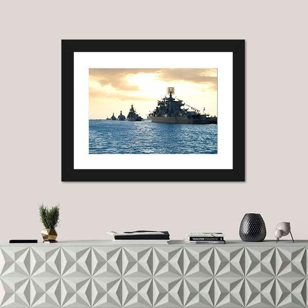 Row Of Military Ships Against Marine Sunset Canvas Wall Art-1 Piece-Framed Print-20" x 16"-Tiaracle