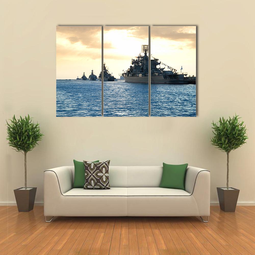 Row Of Military Ships Against Marine Sunset Canvas Wall Art-3 Horizontal-Gallery Wrap-37" x 24"-Tiaracle