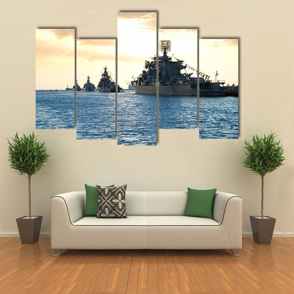 Row Of Military Ships Against Marine Sunset Canvas Wall Art-5 Pop-Gallery Wrap-47" x 32"-Tiaracle