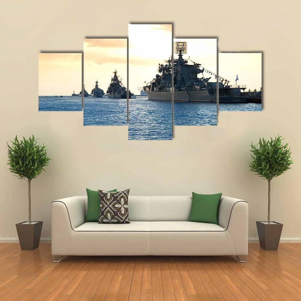 Row Of Military Ships Against Marine Sunset Canvas Wall Art-5 Star-Gallery Wrap-62" x 32"-Tiaracle