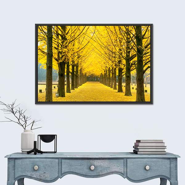 Row Of Yellow Ginkgo Tree In Nami Island Canvas Wall Art-5 Horizontal-Gallery Wrap-22" x 12"-Tiaracle