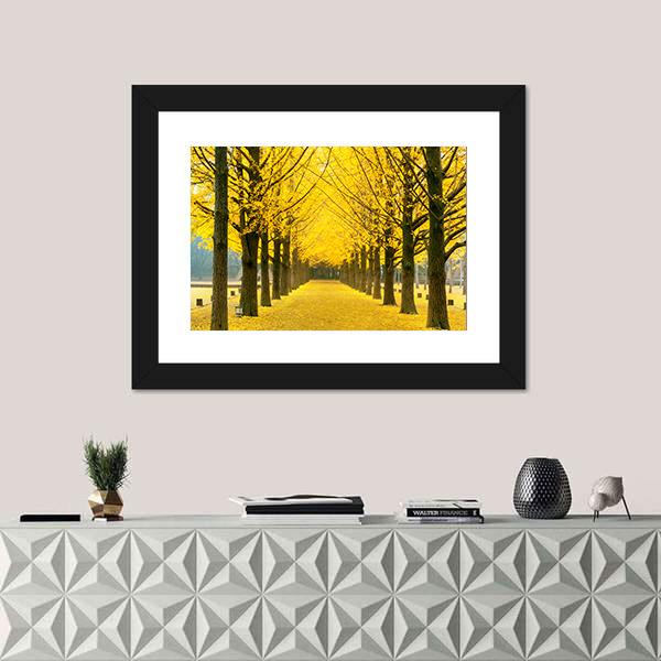Row Of Yellow Ginkgo Tree In Nami Island Canvas Wall Art-5 Horizontal-Gallery Wrap-22" x 12"-Tiaracle