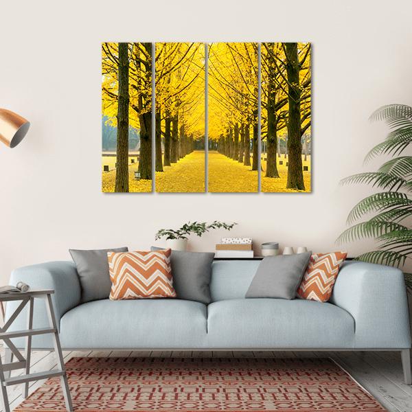 Row Of Yellow Ginkgo Tree In Nami Island Canvas Wall Art-4 Horizontal-Gallery Wrap-34" x 24"-Tiaracle