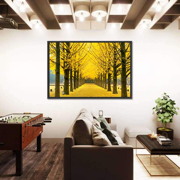 Row Of Yellow Ginkgo Tree In Nami Island Canvas Wall Art-5 Horizontal-Gallery Wrap-22" x 12"-Tiaracle