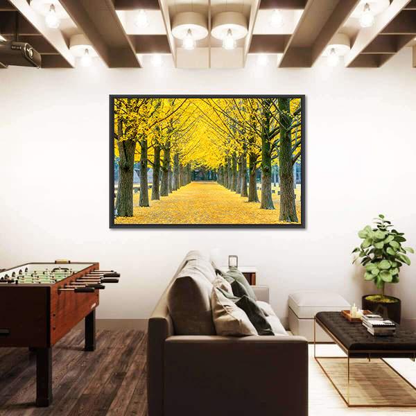Row Of Yellow Ginkgo Tree In Nami Island Canvas Wall Art-3 Horizontal-Gallery Wrap-25" x 16"-Tiaracle