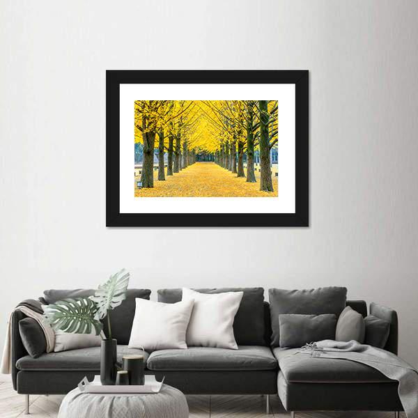 Row Of Yellow Ginkgo Tree In Nami Island Canvas Wall Art-3 Horizontal-Gallery Wrap-25" x 16"-Tiaracle