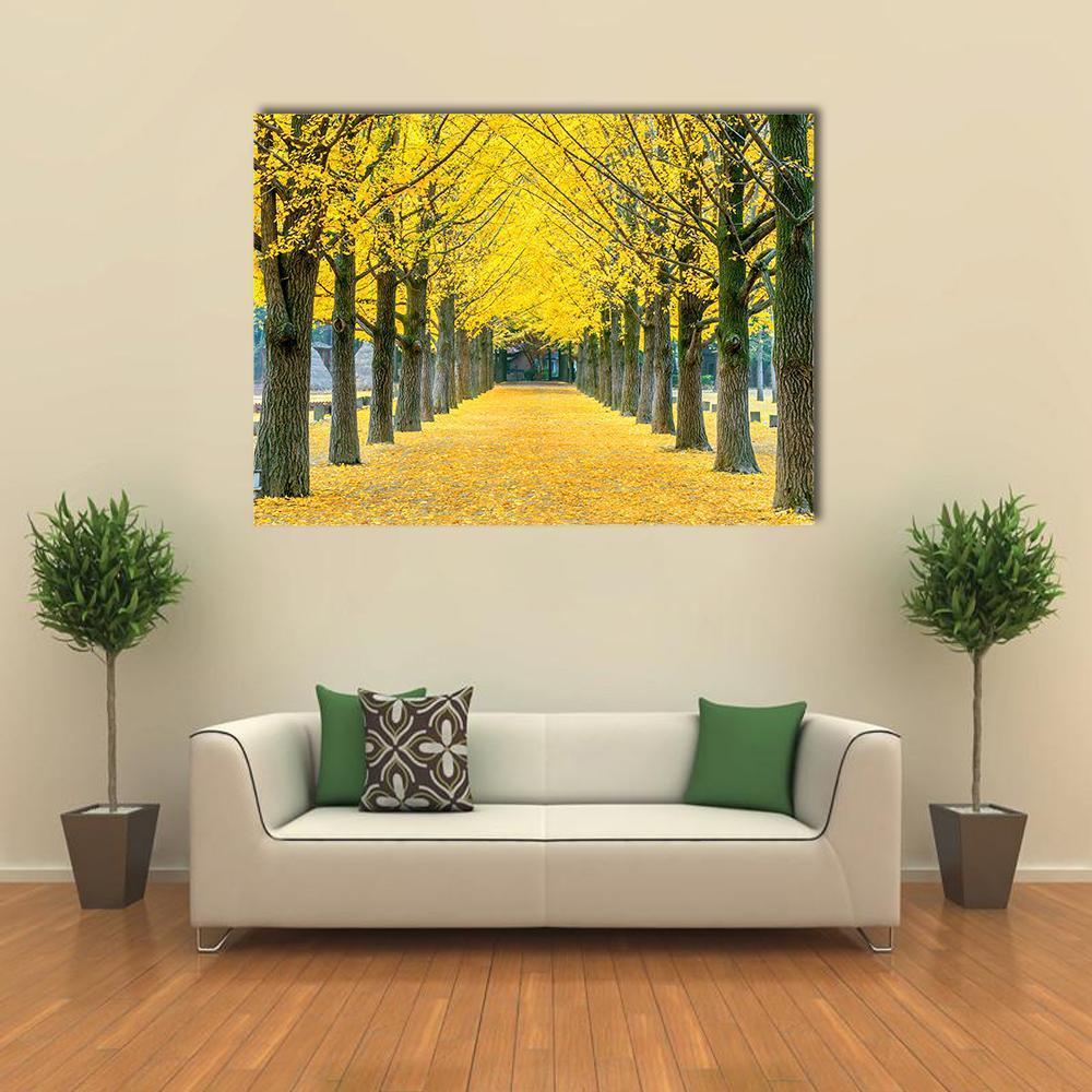 Ginkgo Trees on Nami Island Path Canvas Wall Art in brown and yellow, single panel hung on a wall