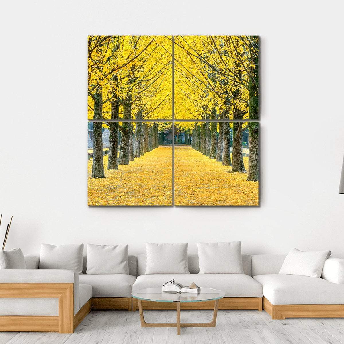 Row Of Yellow Ginkgo Tree In Nami Island Canvas Wall Art-4 Square-Gallery Wrap-17" x 17"-Tiaracle
