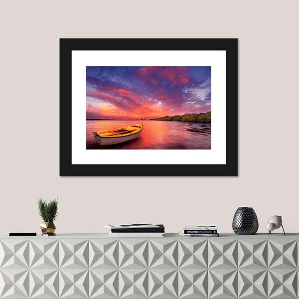 Rowboat At Sunset In Lake Canvas Wall Art-1 Piece-Framed Print-20" x 16"-Tiaracle