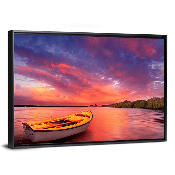 Rowboat At Sunset In Lake Canvas Wall Art-3 Horizontal-Gallery Wrap-25" x 16"-Tiaracle