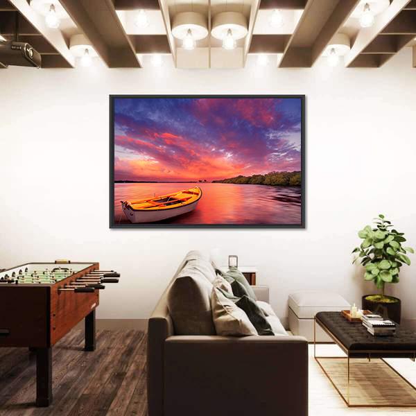 Rowboat At Sunset In Lake Canvas Wall Art-3 Horizontal-Gallery Wrap-25" x 16"-Tiaracle