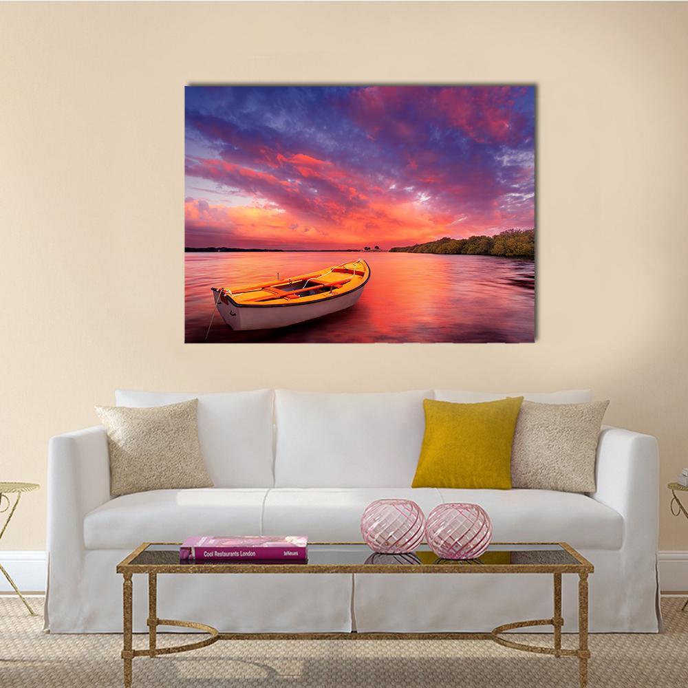 Rowboat At Sunset In Lake Canvas Wall Art-1 Piece-Gallery Wrap-48" x 32"-Tiaracle