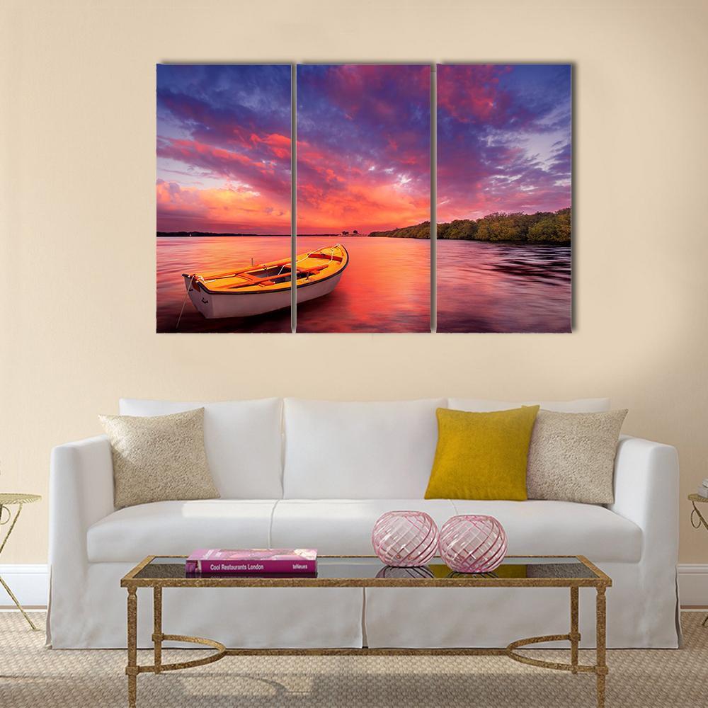 Rowboat At Sunset In Lake Canvas Wall Art-3 Horizontal-Gallery Wrap-37" x 24"-Tiaracle
