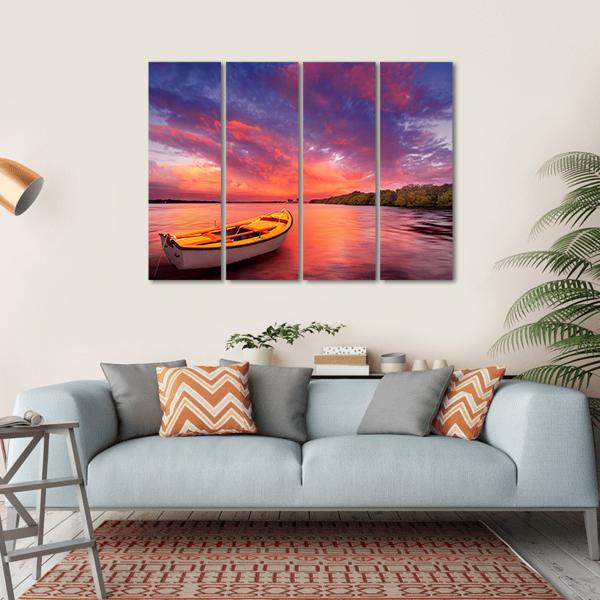 Rowboat At Sunset In Lake Canvas Wall Art-4 Horizontal-Gallery Wrap-34" x 24"-Tiaracle