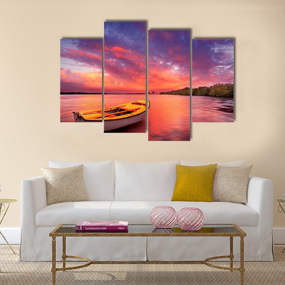 Rowboat At Sunset In Lake Canvas Wall Art-4 Pop-Gallery Wrap-50" x 32"-Tiaracle