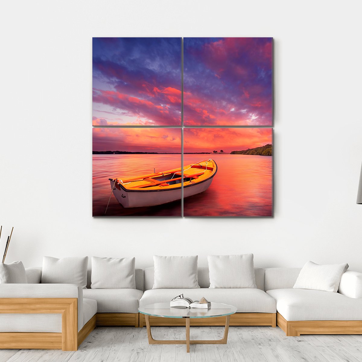 Rowboat At Sunset In Lake Canvas Wall Art-4 Square-Gallery Wrap-17" x 17"-Tiaracle