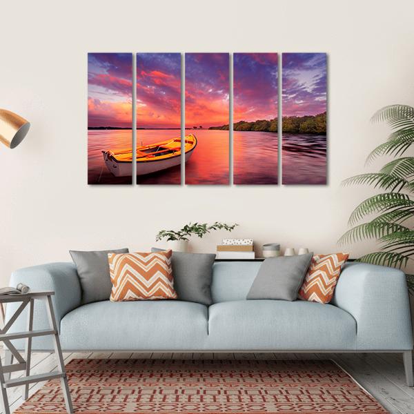 Rowboat At Sunset In Lake Canvas Wall Art-5 Horizontal-Gallery Wrap-22" x 12"-Tiaracle