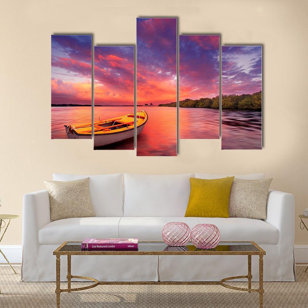 Rowboat At Sunset In Lake Canvas Wall Art-5 Pop-Gallery Wrap-47" x 32"-Tiaracle