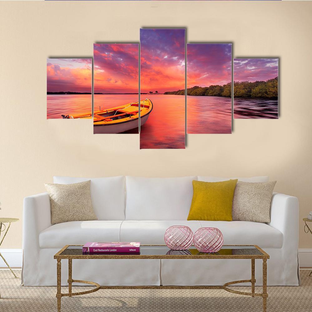 Rowboat At Sunset In Lake Canvas Wall Art-5 Star-Gallery Wrap-62" x 32"-Tiaracle