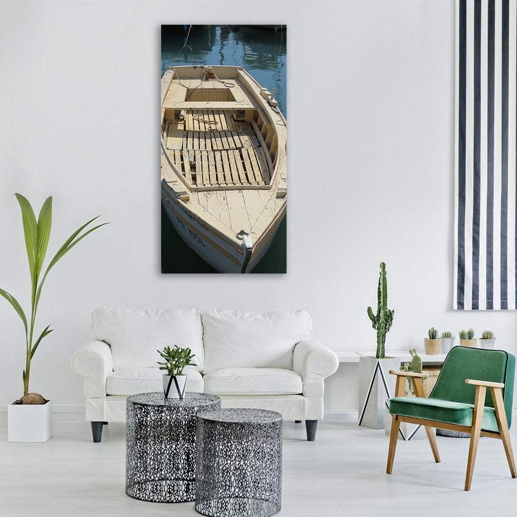 Weathered Rowing Boat Close-up Vertical Canvas Wall Art in beige and blue, single vertical panel hung on a wall
