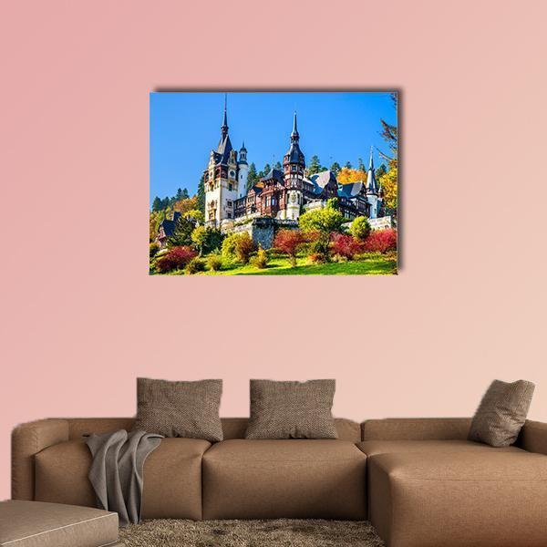 Royal Castle in Romania Canvas Wall Art in brown, green and blue, single panel hung on a wall