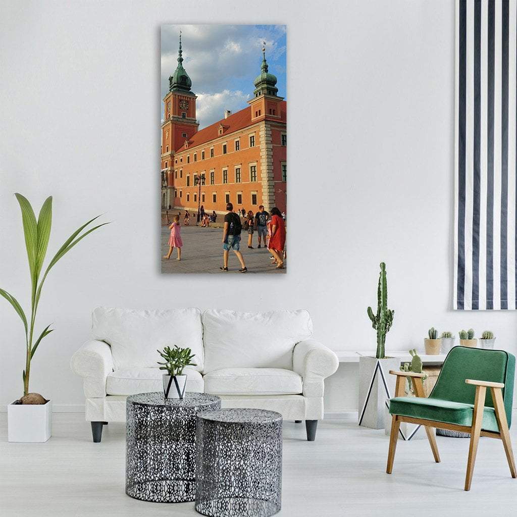Royal Castle in Warsaw Poland Vertical Canvas Wall Art in gray, orange and blue, single vertical panel hung on a wall