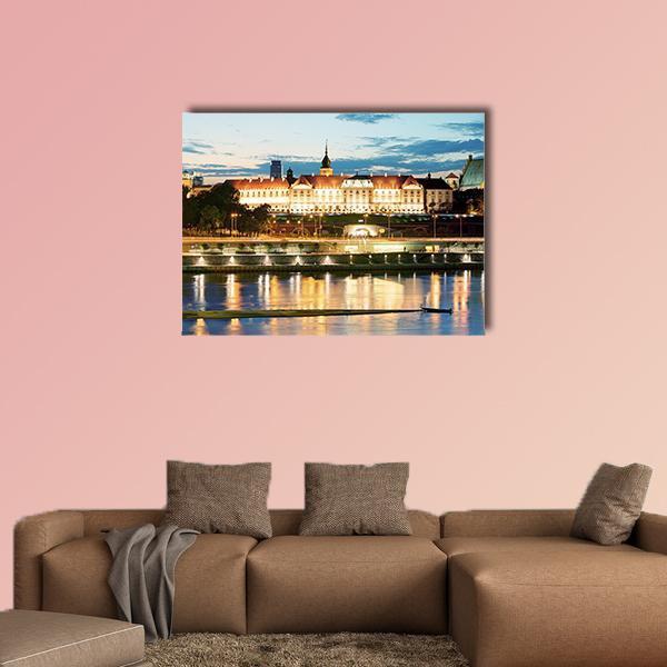 Royal Castle Over the Vistula River, Warsaw Canvas Wall Art in orange, yellow and blue, single panel hung on a wall