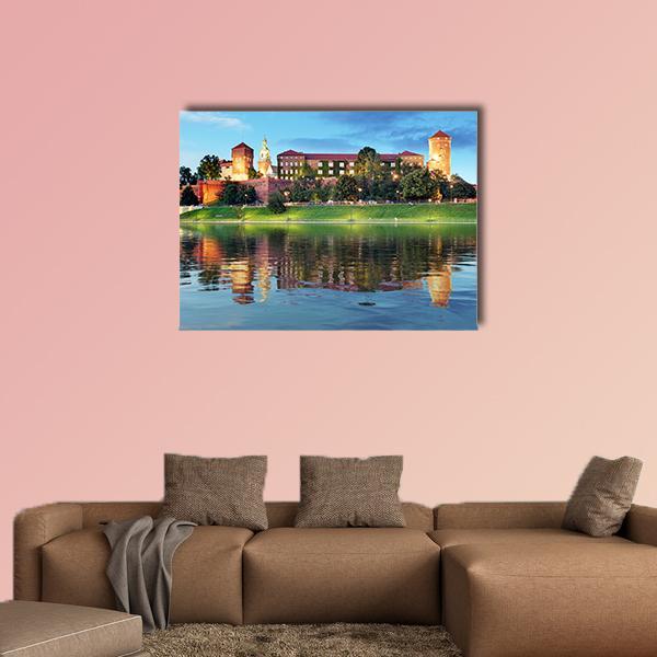Wawel Royal Castle at Dusk Canvas Wall Art in orange, green and blue, single panel hung on a wall