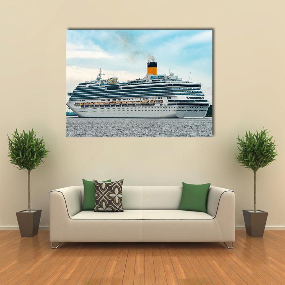 Royal Cruise Ship with Yellow Smokestack Canvas Wall Art in white, gray and blue, single panel hung on a wall