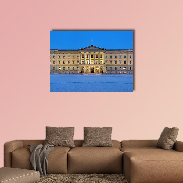 Oslo Royal Palace at Dusk Canvas Wall Art in beige, yellow and blue, single panel hung on a wall