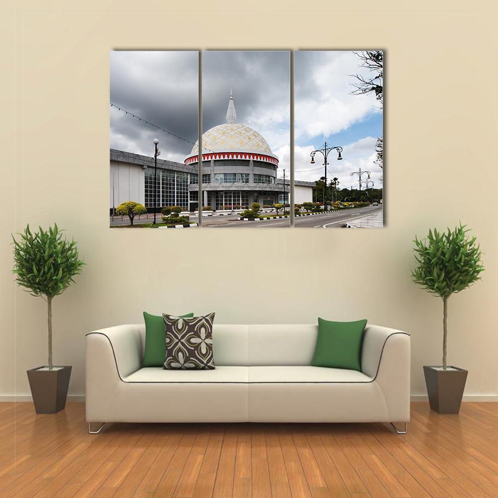 Royal Regalia Museum Dome, Brunei Canvas Wall Art in white, gray and gold, 3 panel horizontal set hung on a wall