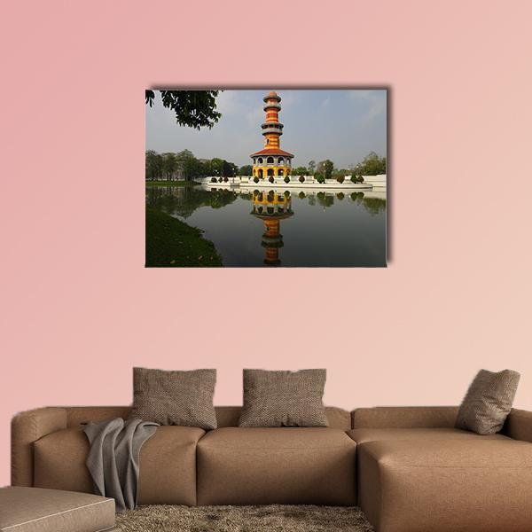 Bang Pa in Royal Summer Palace Canvas Wall Art in yellow, green and blue, single panel hung on a wall