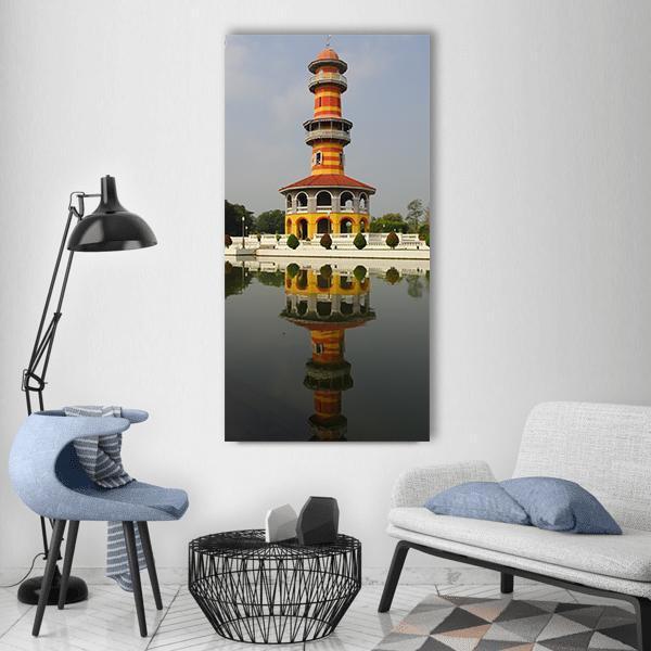 Royal Summer Palace Bang Pa In Vertical Canvas Wall Art in gray, orange and yellow, single vertical panel hung on a wall