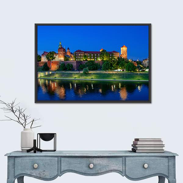 Royal Wawel Castle At Night With Vistula River Canvas Wall Art-1 Piece-Floating Frame-24" x 16"-Tiaracle