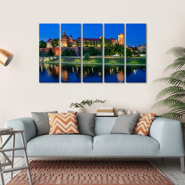 Royal Wawel Castle At Night With Vistula River Canvas Wall Art-5 Horizontal-Gallery Wrap-22" x 12"-Tiaracle