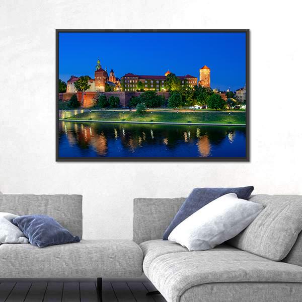 Royal Wawel Castle At Night With Vistula River Canvas Wall Art-3 Horizontal-Gallery Wrap-25" x 16"-Tiaracle