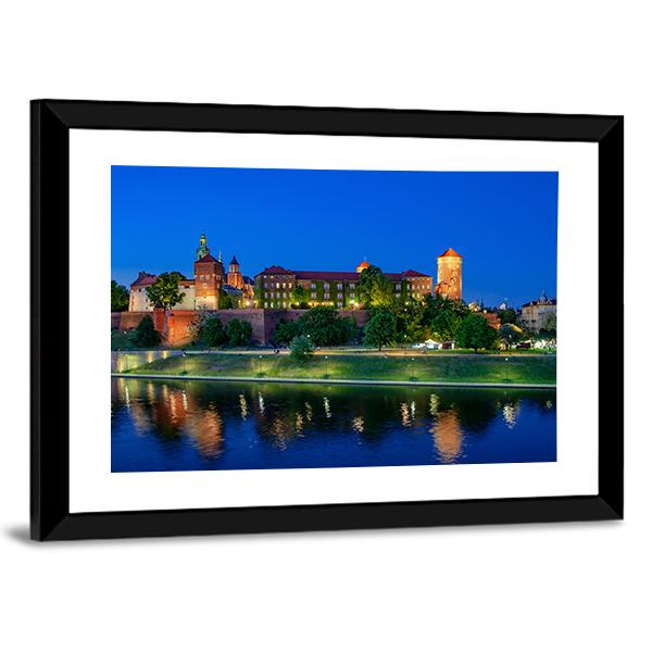 Royal Wawel Castle At Night With Vistula River Canvas Wall Art-3 Horizontal-Gallery Wrap-25" x 16"-Tiaracle