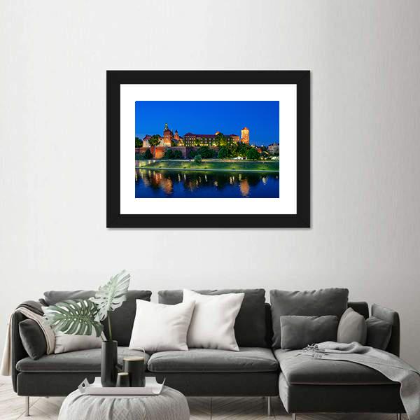 Royal Wawel Castle At Night With Vistula River Canvas Wall Art-3 Horizontal-Gallery Wrap-25" x 16"-Tiaracle