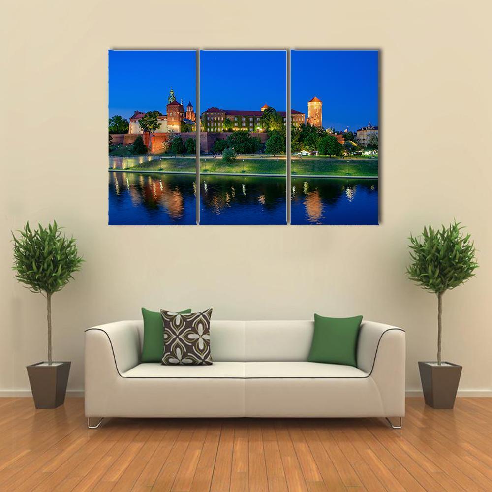 Royal Wawel Castle At Night With Vistula River Canvas Wall Art-5 Star-Gallery Wrap-62" x 32"-Tiaracle