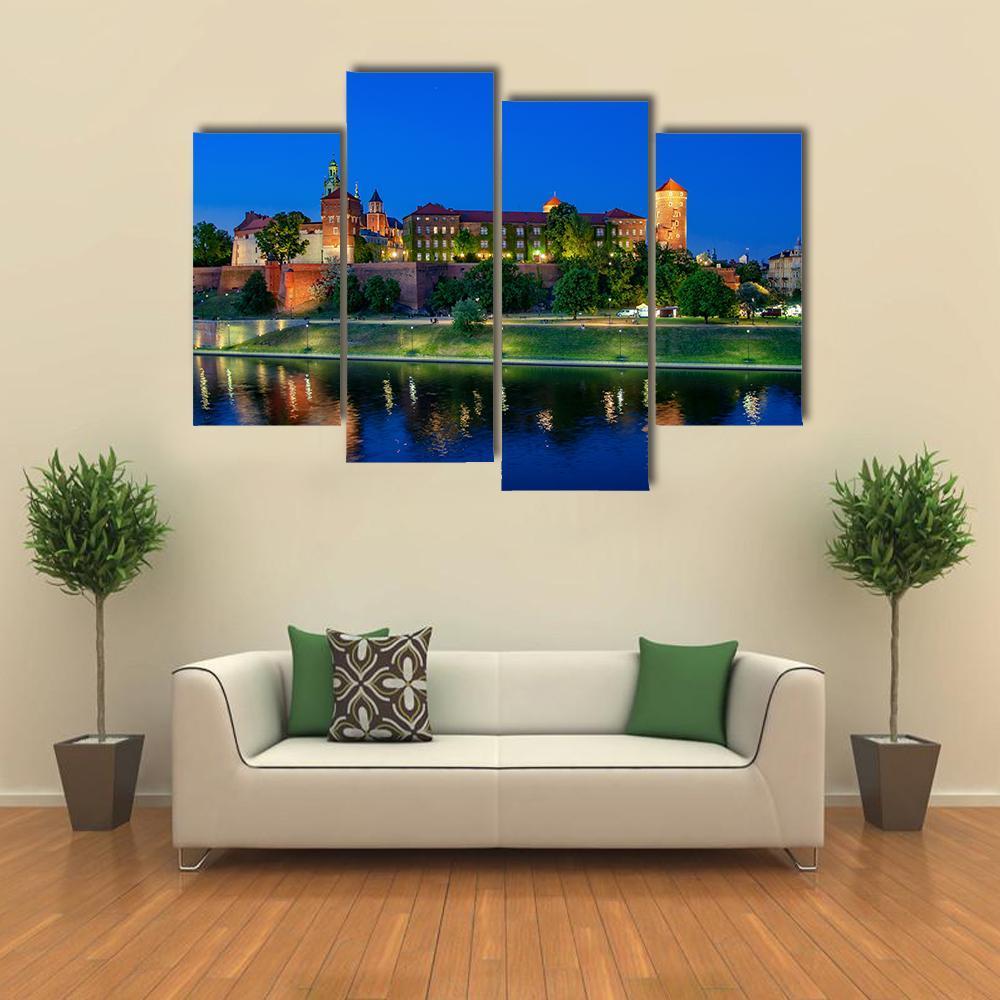 Royal Wawel Castle At Night With Vistula River Canvas Wall Art-4 Pop-Gallery Wrap-50" x 32"-Tiaracle