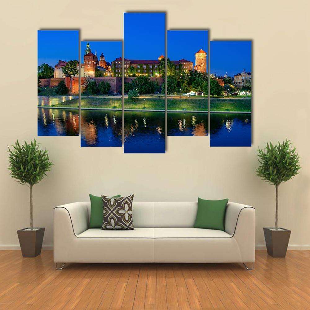 Royal Wawel Castle At Night With Vistula River Canvas Wall Art-5 Pop-Gallery Wrap-47" x 32"-Tiaracle