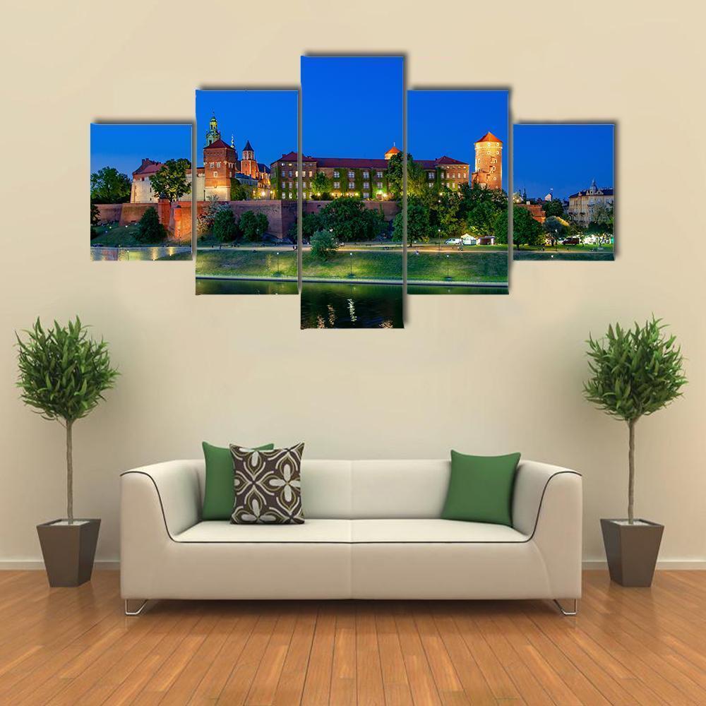 Royal Wawel Castle At Night With Vistula River Canvas Wall Art-5 Star-Gallery Wrap-62" x 32"-Tiaracle