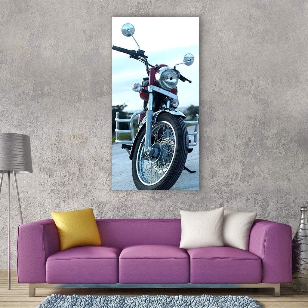 Vintage Red Motorcycle Front View Vertical Canvas Wall Art in silver, red and blue, single vertical panel hung on a wall