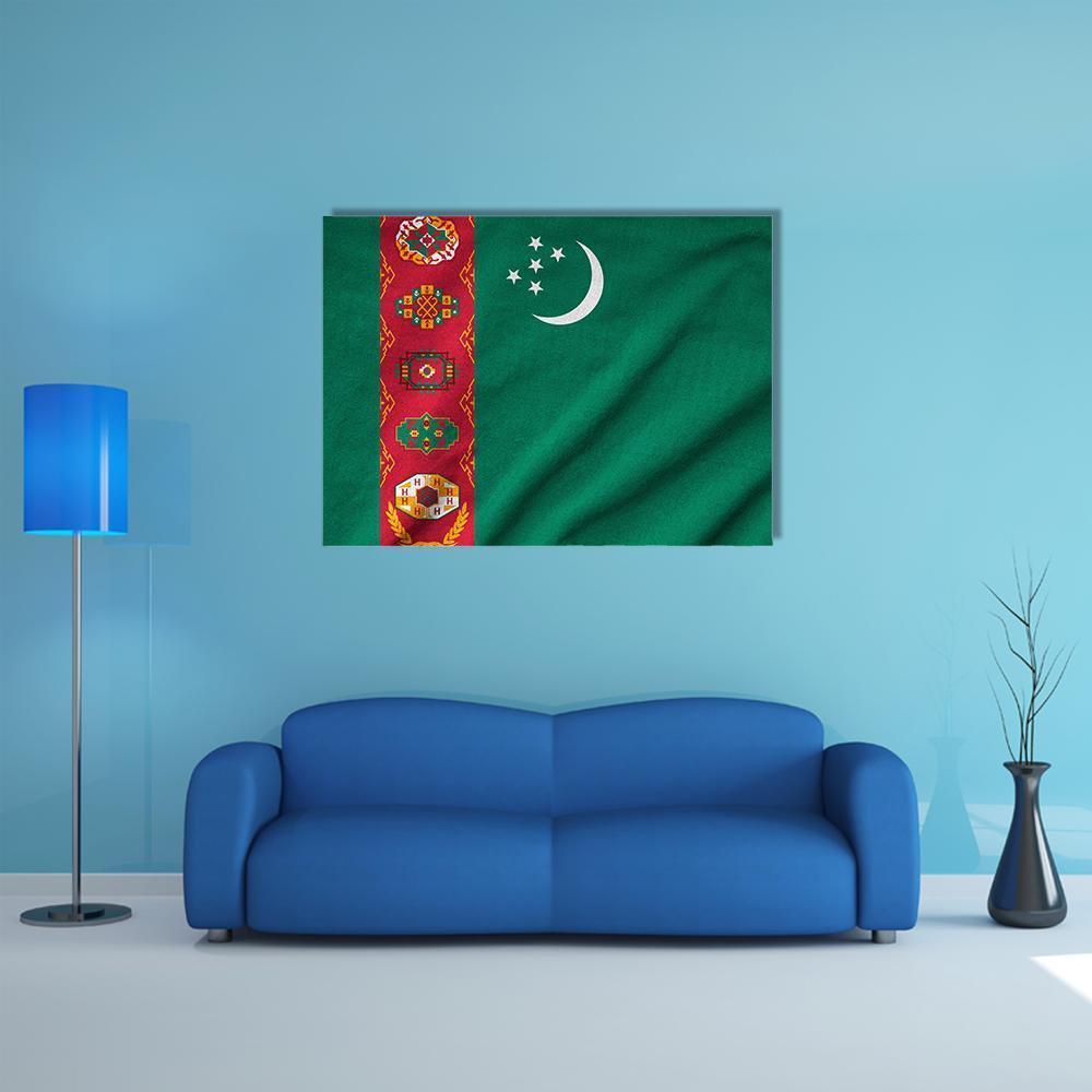 Ruffled Turkmenistan Flag with Crescent and Stars Canvas Wall Art in white, red and green, single panel hung on a wall