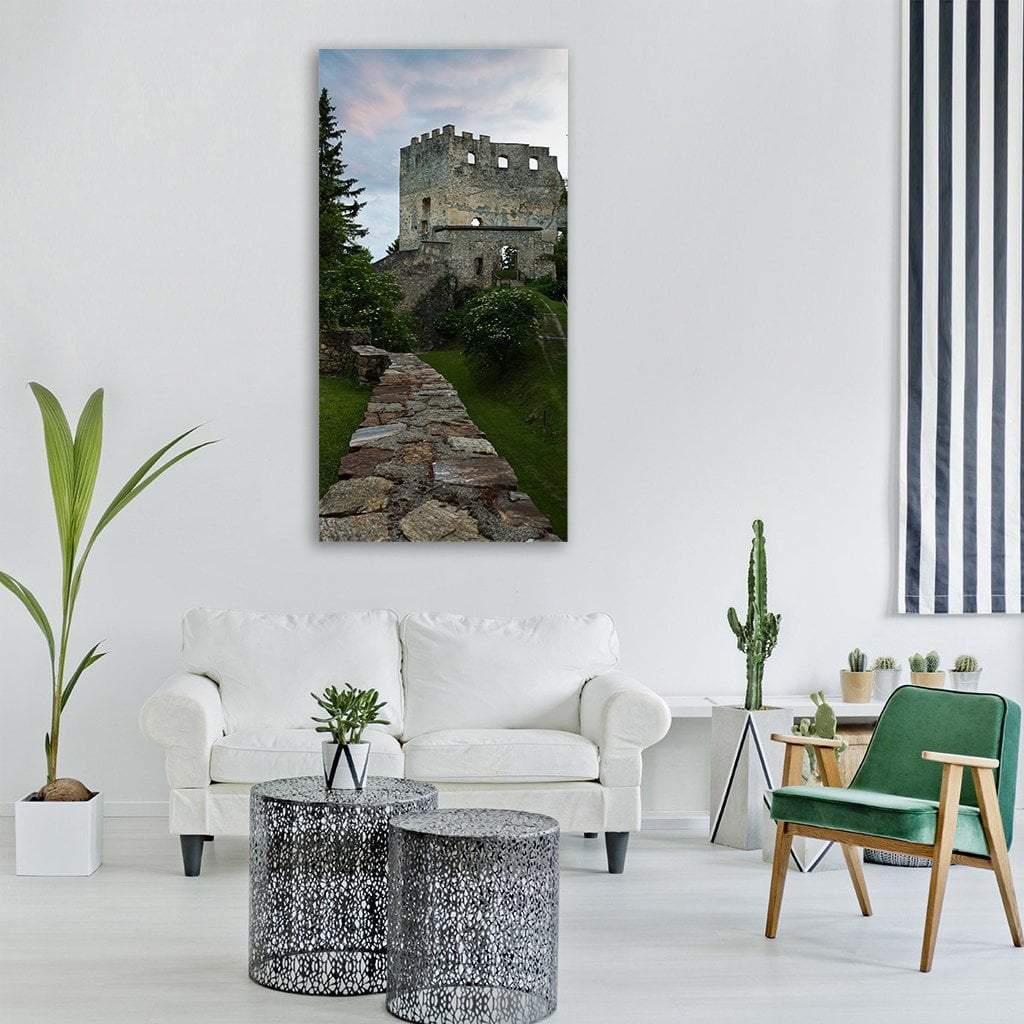 Ruin of Hohenwang Langenwang Castle Vertical Canvas Wall Art in gray, brown and green, single vertical panel hung on a wall