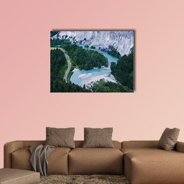 Ruinaulta Canyon Over Turquoise River Canvas Wall Art in gray, green and blue, single panel hung on a wall