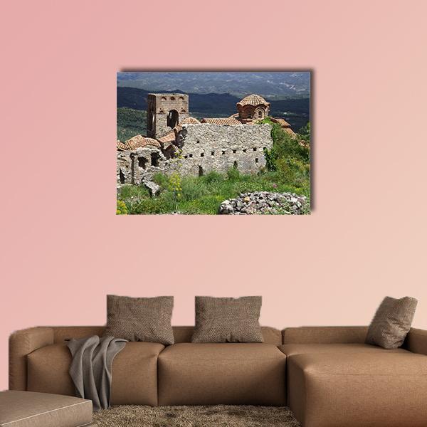 Mystras Church Ruins Canvas Wall Art in gray, brown and green, single panel hung on a wall
