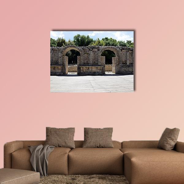 Ruins of Buthrotum in Albania Canvas Wall Art in gray, brown and green, single panel hung on a wall
