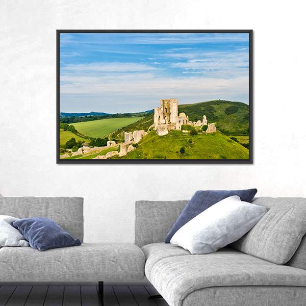 Ruins Of Corfe Castle Canvas Wall Art-1 Piece-Floating Frame-24" x 16"-Tiaracle