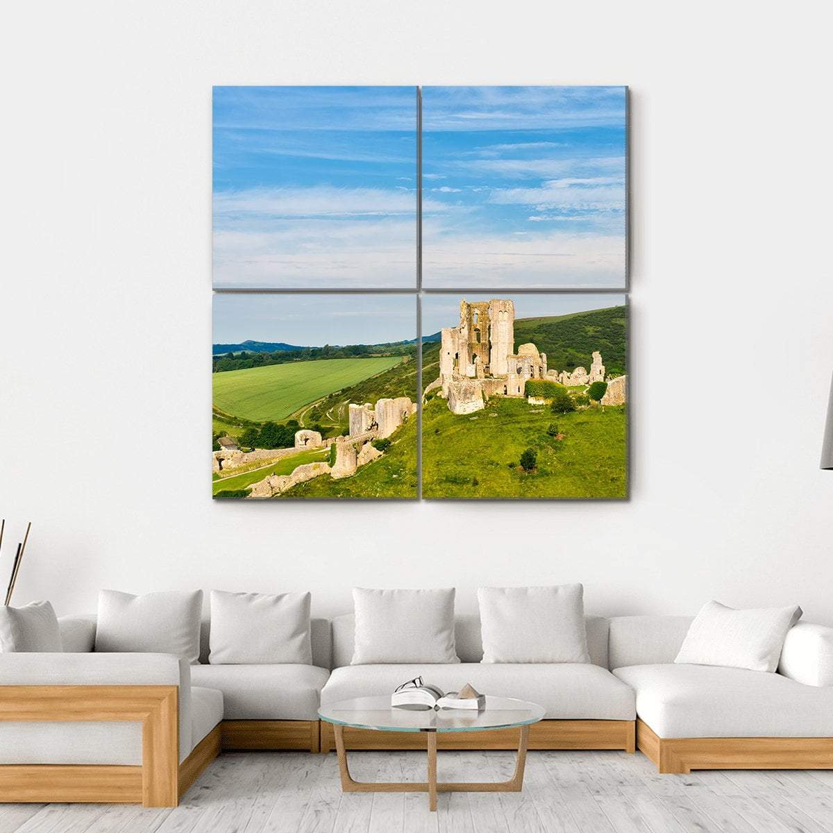 Ruins Of Corfe Castle Canvas Wall Art-4 Square-Gallery Wrap-17" x 17"-Tiaracle